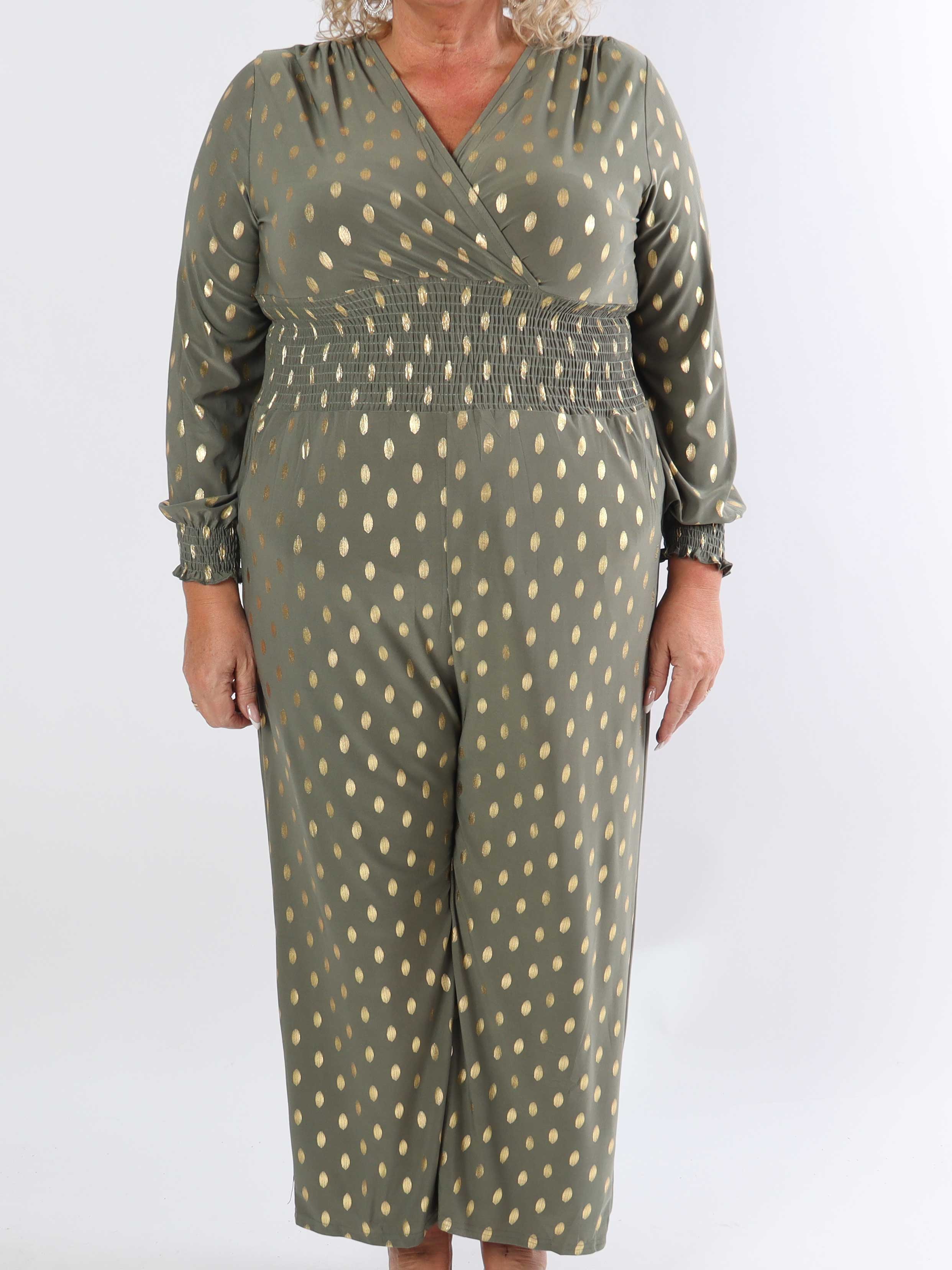 Pams Gold Dot Jumpsuit L/S - Plus size jumpsuit i stretchigt tyg